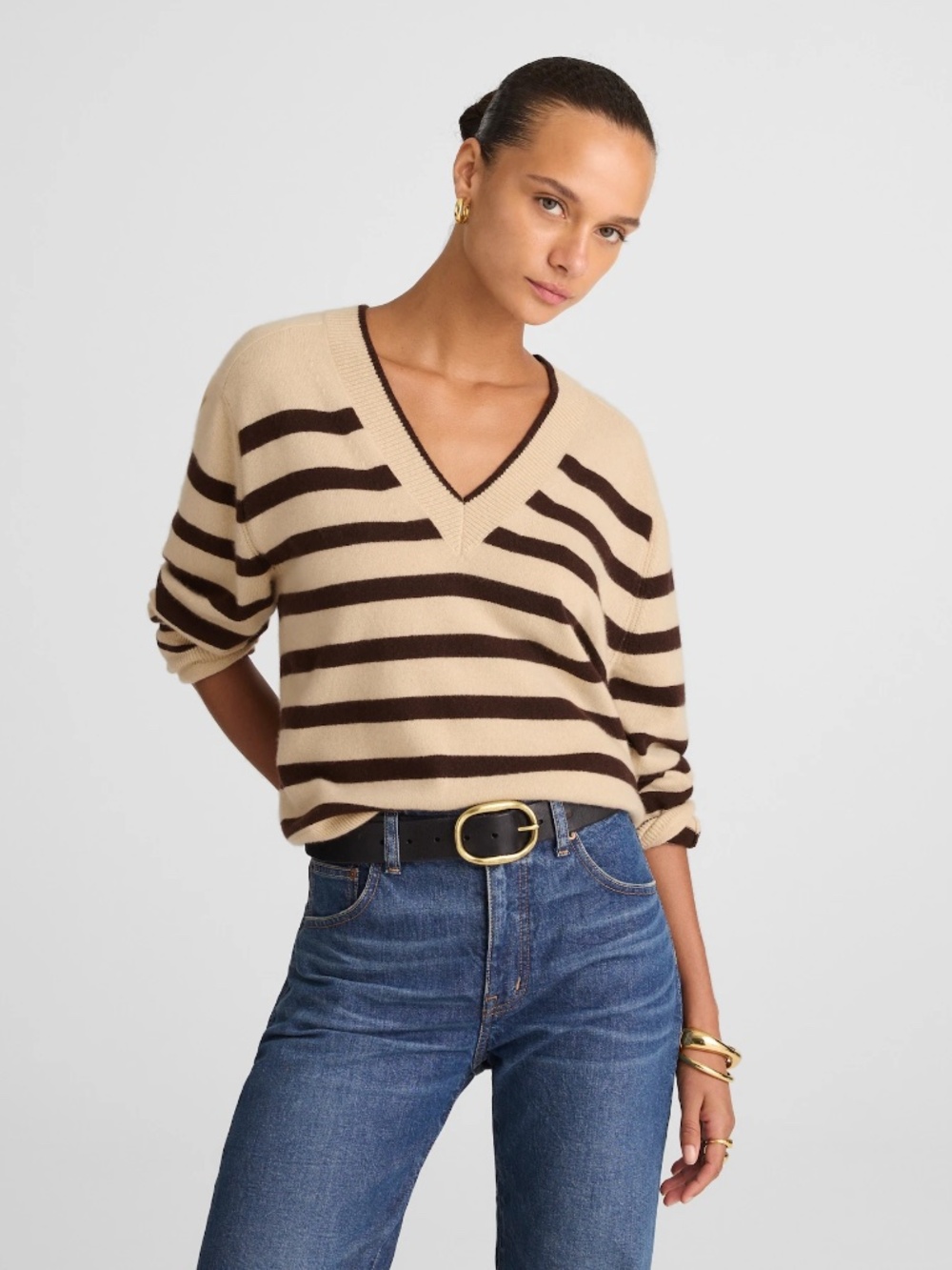 Share Madewell 100% Cashmere V-Neck Sweater Biscuit & Molasses Stripe Tan Small